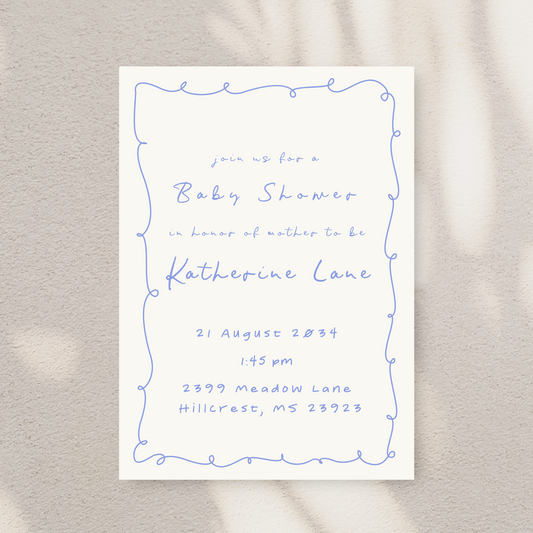 Hand Drawn Squiggle Boarder Blue and Beige Baby Shower Invitation Template