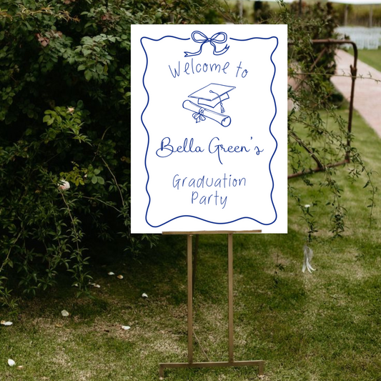 Navy Blue and White Hand Drawn Customizable Graduation Bow Party Welcome Sign Template