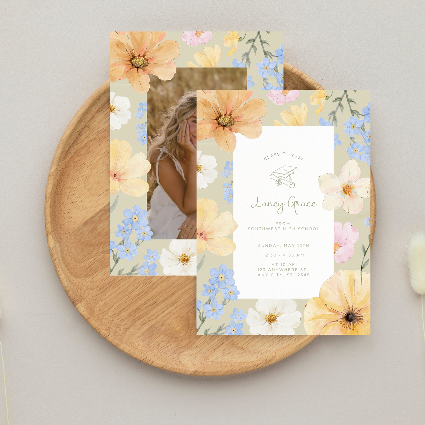 Floral Watercolor Illustration Graduation Invitation Template