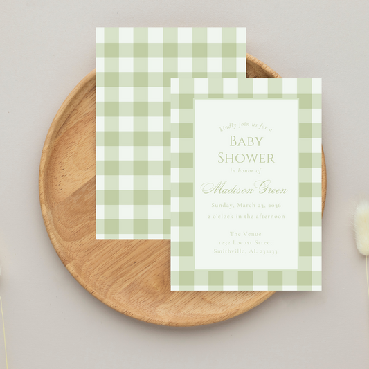 Green Gingham Baby Shower Invitation Template