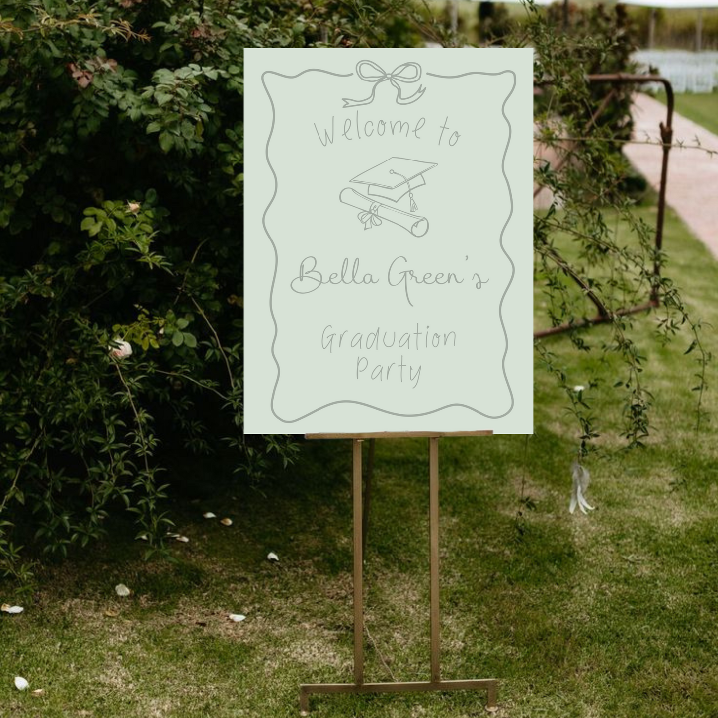 Sage Green Hand Drawn Customizable Graduation Bow Party Welcome Sign