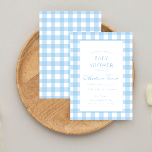 Blue Gingham Baby Shower Invitation Template