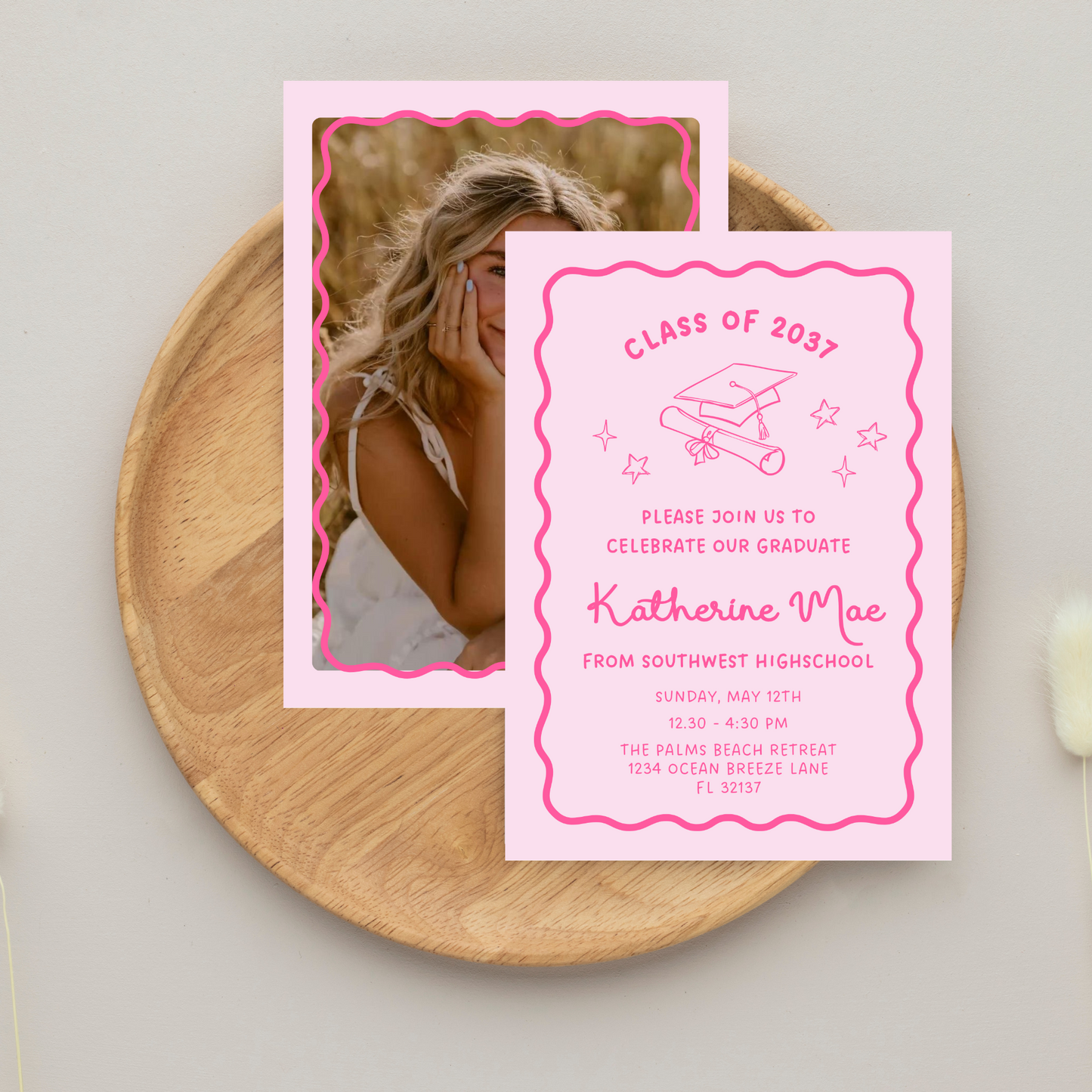 Pink Modern Doodle Graduation Invitation Template