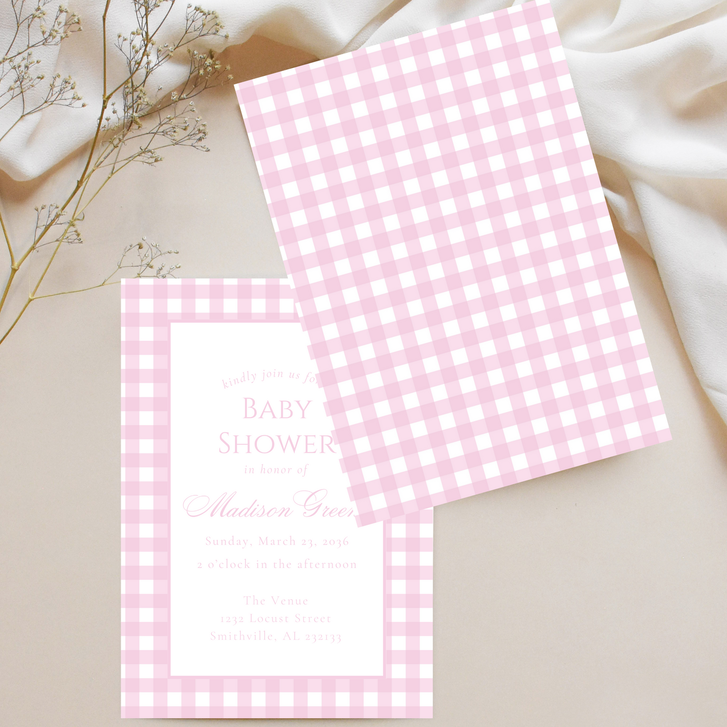 Pink Gingham Baby Shower Invitation Template