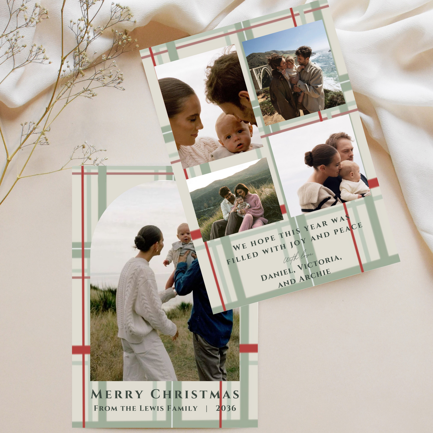 Green Red and Beige Plaid Christmas Card Template