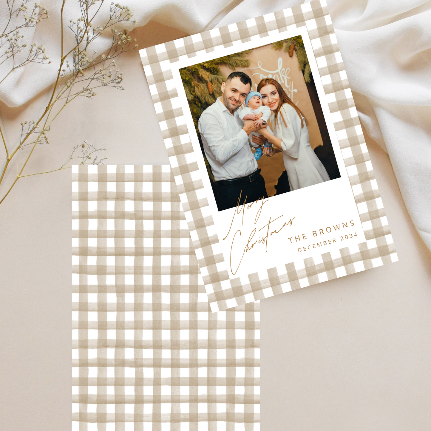 Beige Buffalo Plaid Christmas Card Templates