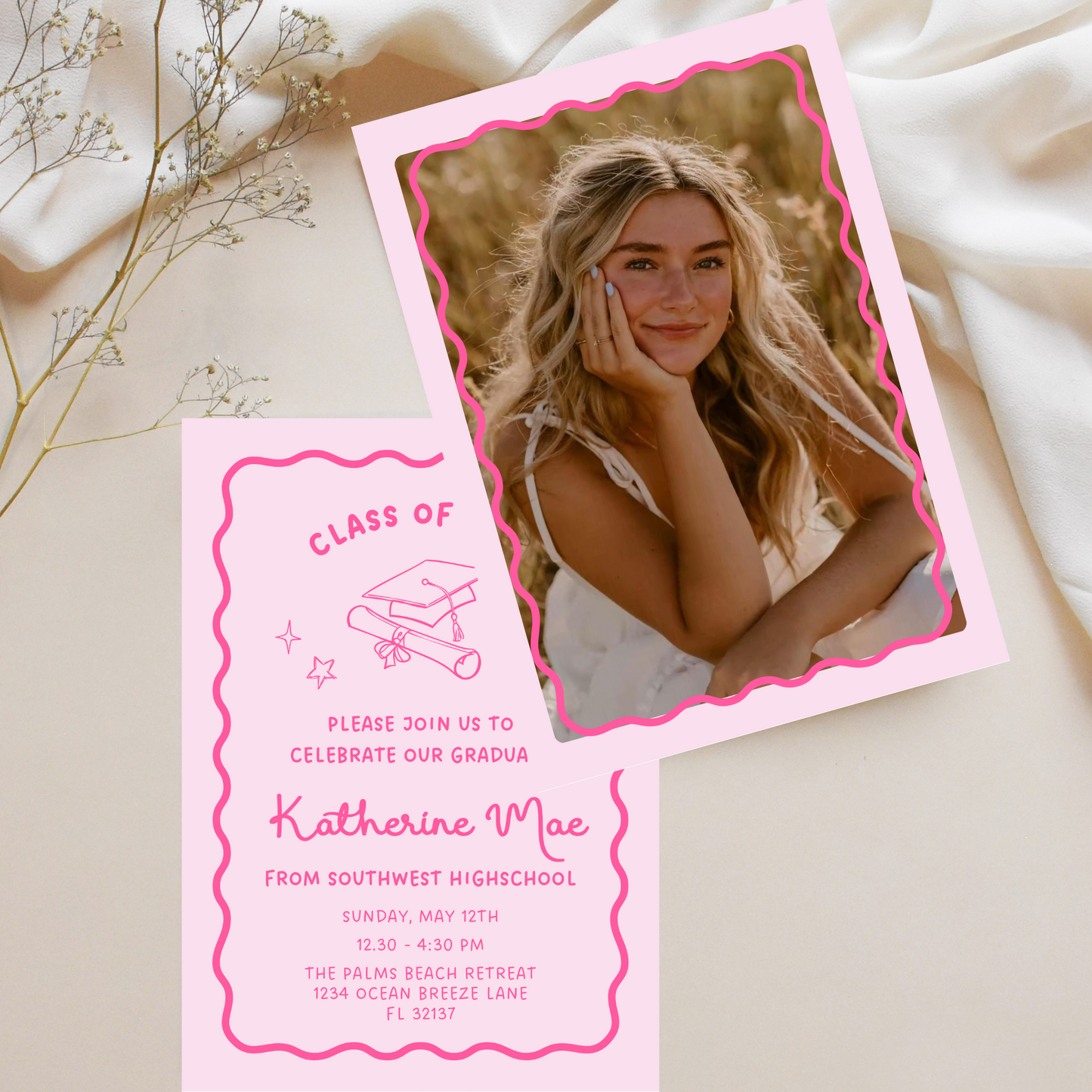 Pink Modern Doodle Graduation Invitation Template