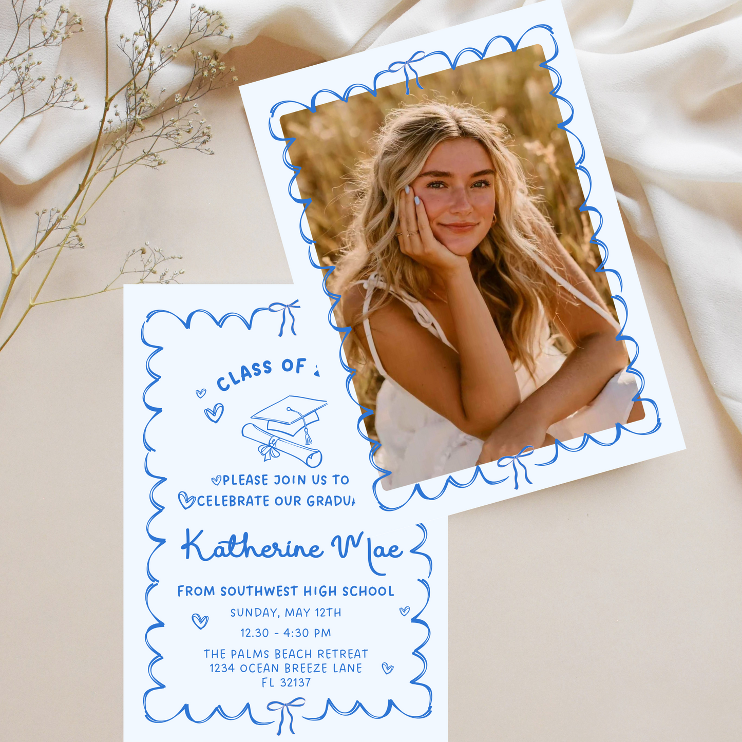 Blue Bow Modern Doodle Graduation Invitation Template