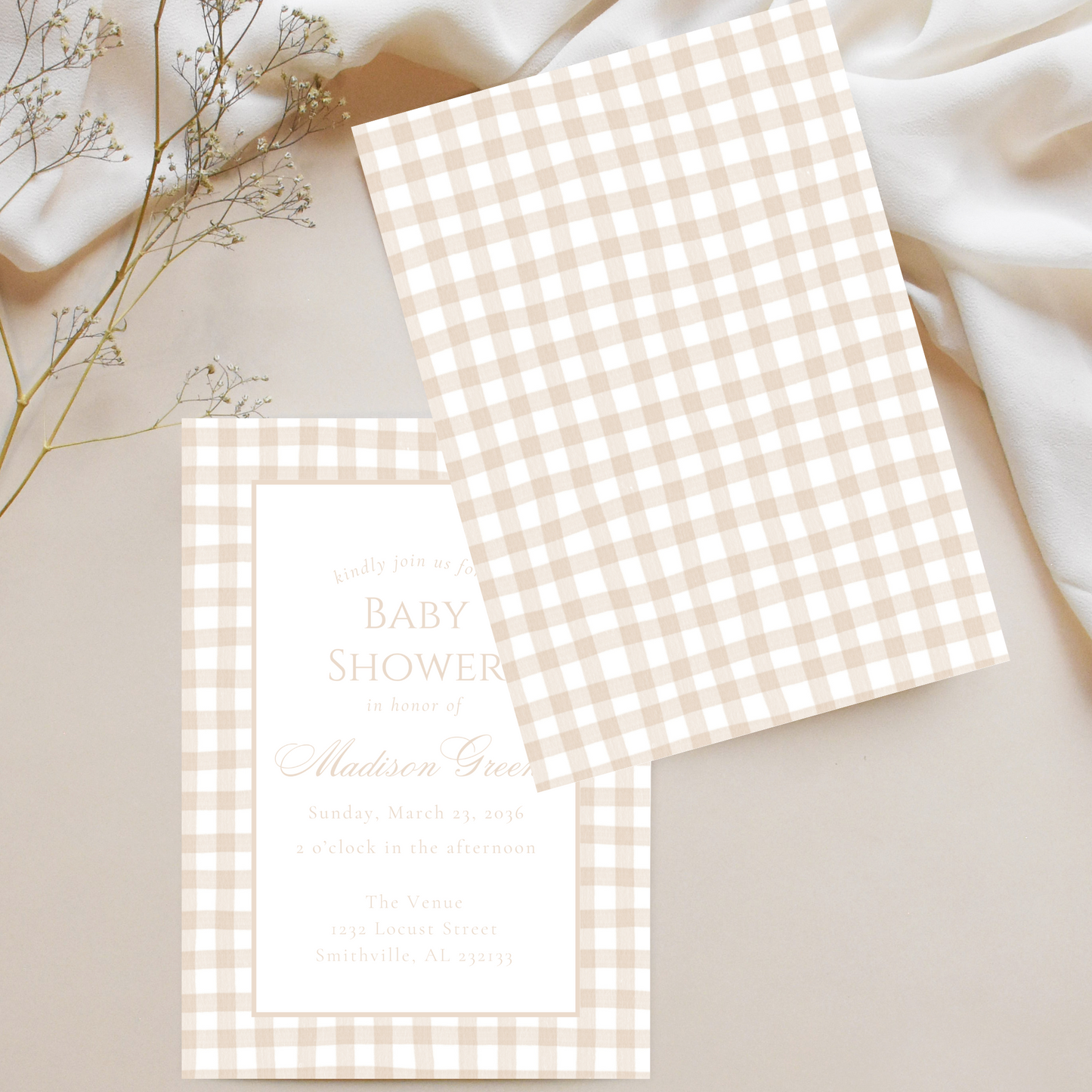 Cream Gingham Baby Shower Invitation Template