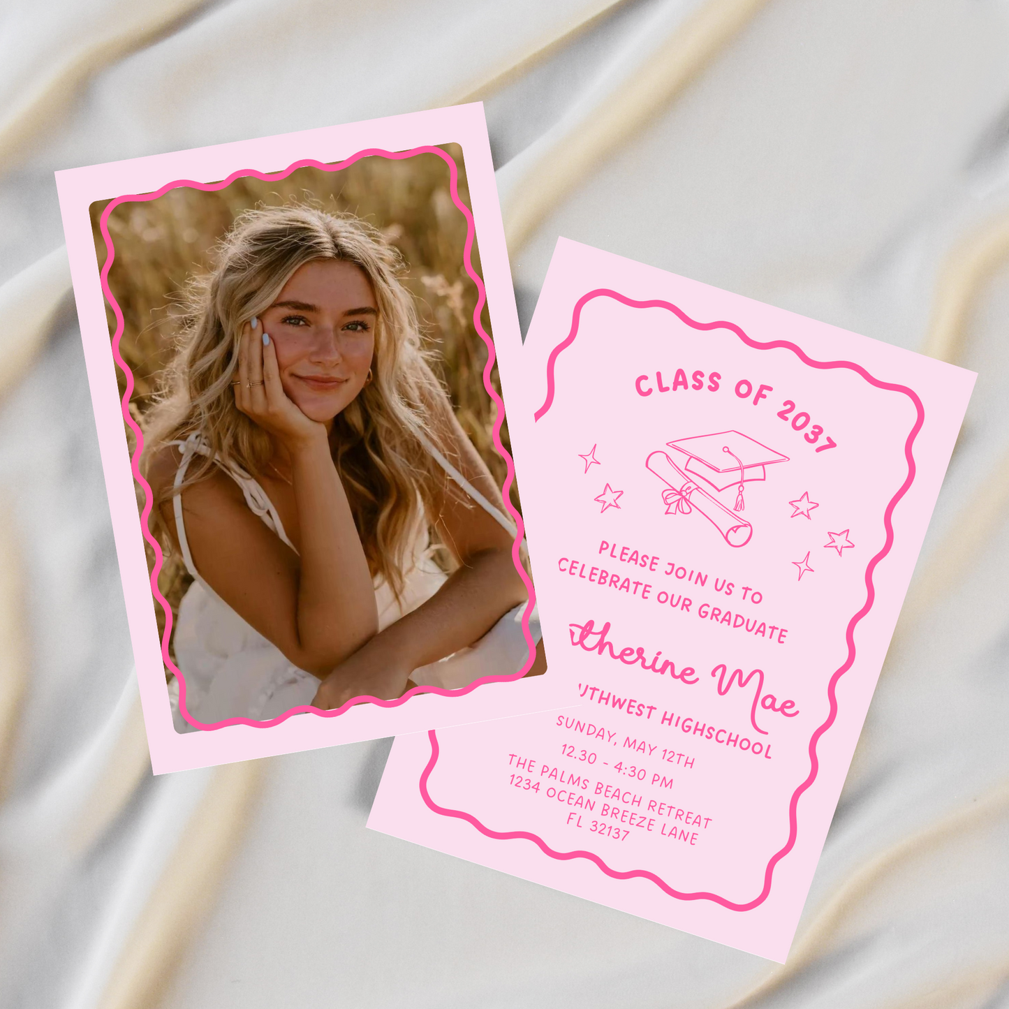 Pink Modern Doodle Graduation Invitation Template